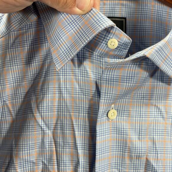 David Donahue Button Up Shirt Men's 17.5 34/35 Blue/Orange Tattersall Trim - Picture 4 of 12